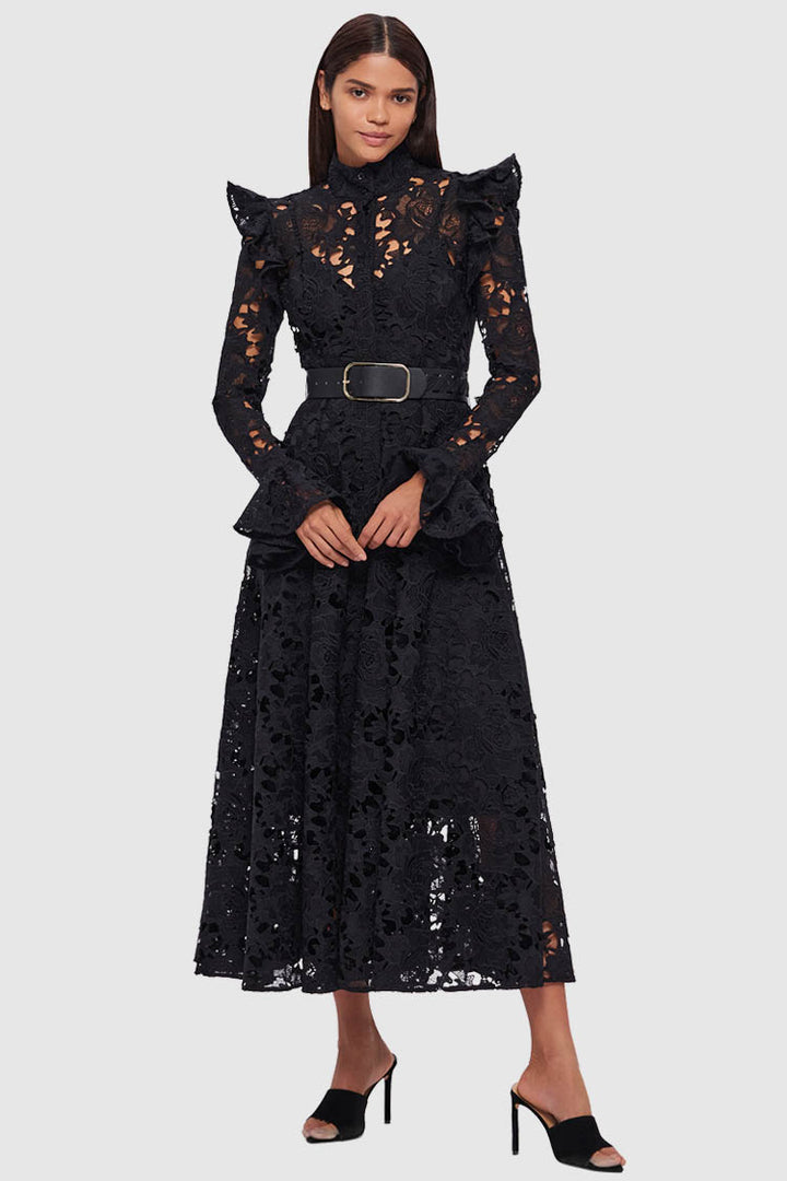 Aliyah Lace Butterfly Sleeve Midi Dress - Ebony