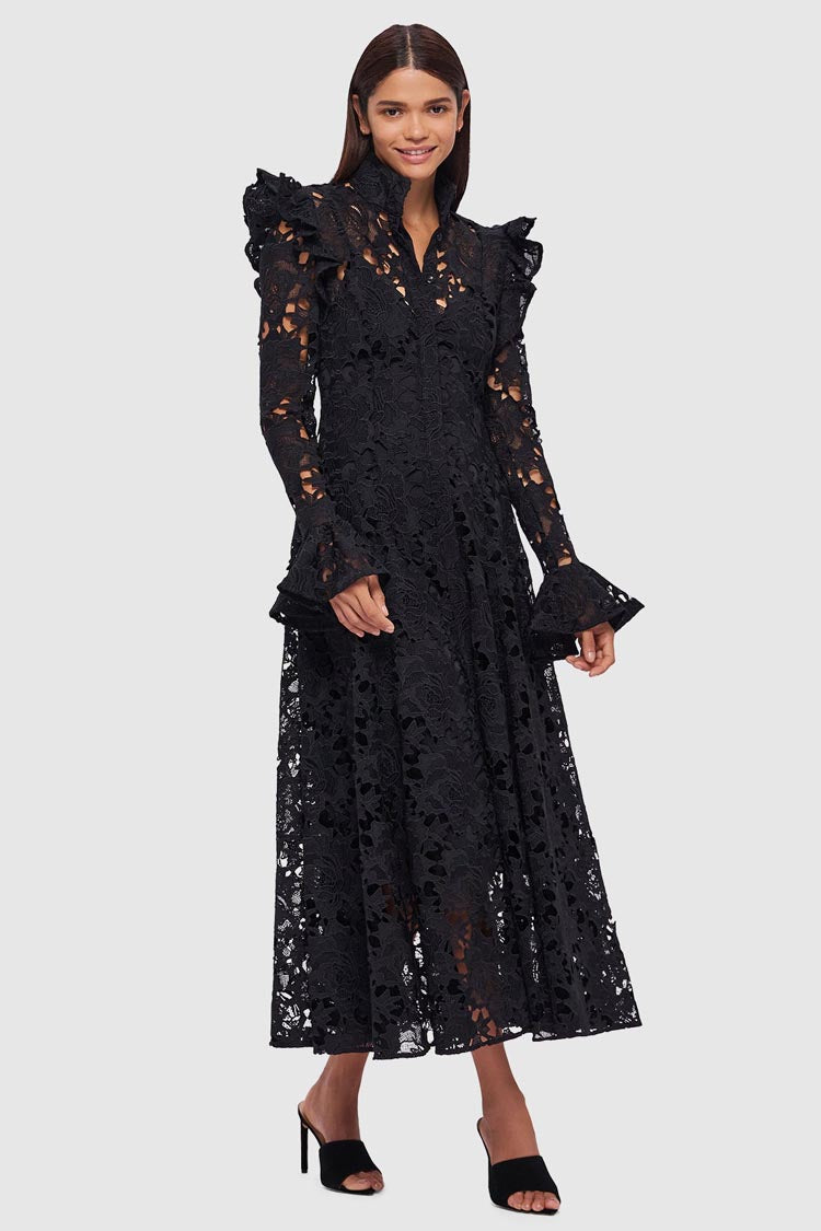 Aliyah Lace Butterfly Sleeve Midi Dress - Ebony