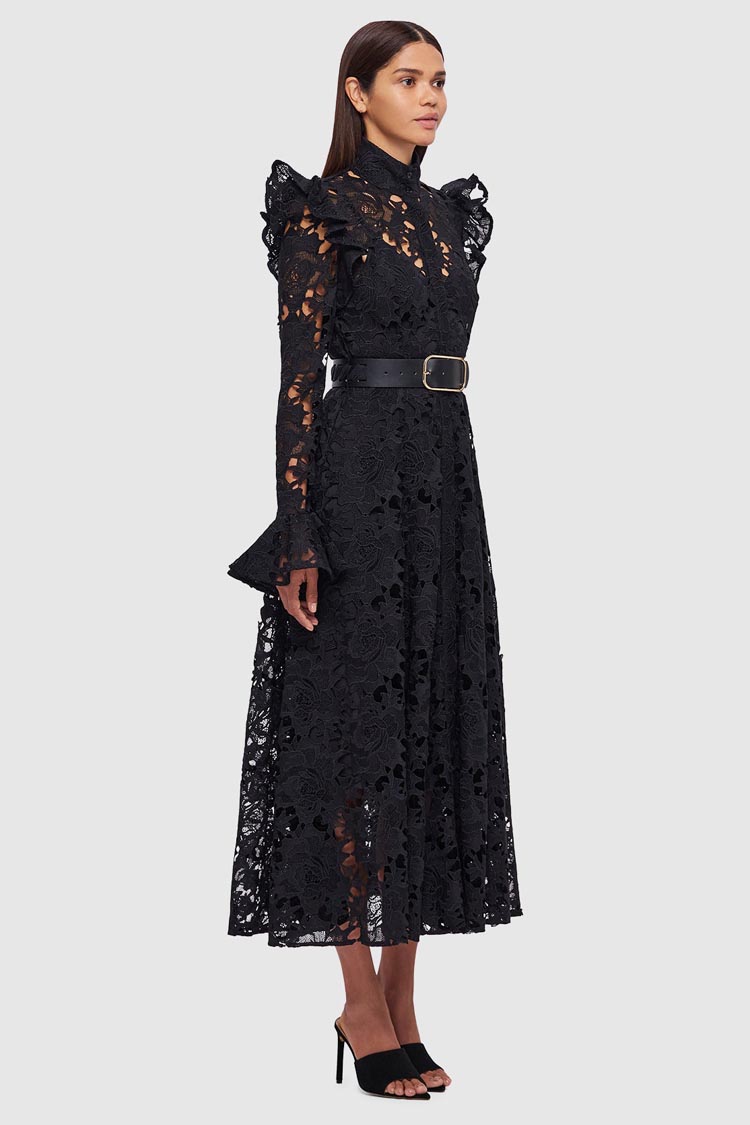 Aliyah Lace Butterfly Sleeve Midi Dress - Ebony