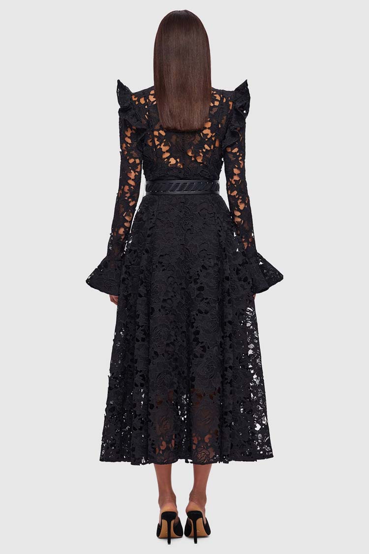 Aliyah Lace Butterfly Sleeve Midi Dress - Ebony