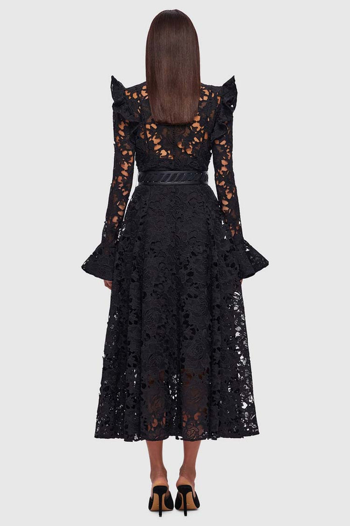 Aliyah Lace Butterfly Sleeve Midi Dress - Ebony