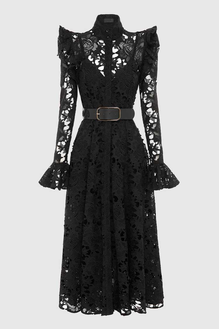 Aliyah Lace Butterfly Sleeve Midi Dress - Ebony