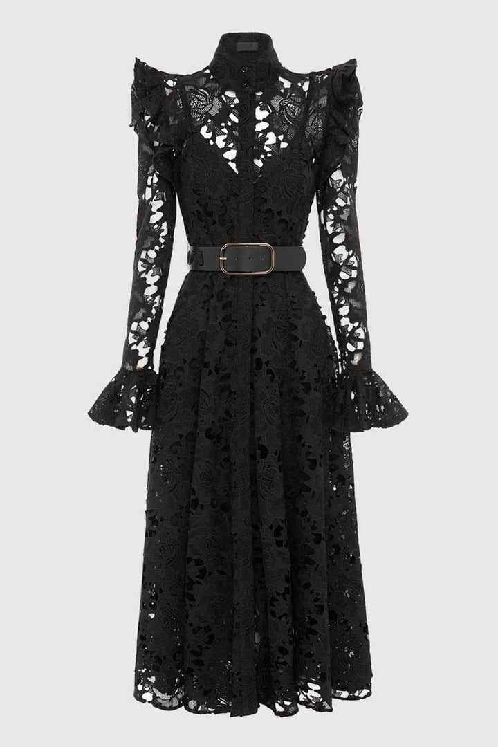 Aliyah Lace Butterfly Sleeve Midi Dress - Ebony