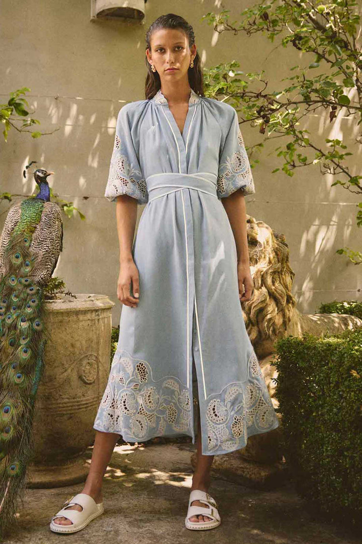 Amara Embroidered Maxi Dress in Blue Haze