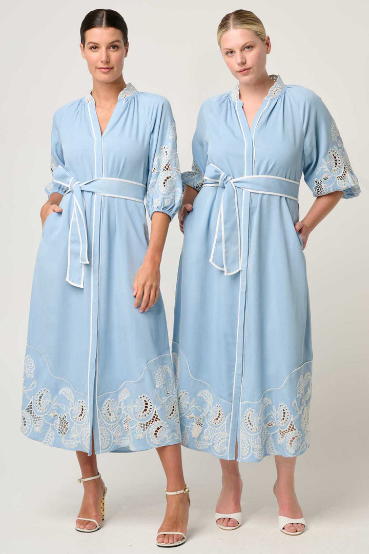 Amara Embroidered Maxi Dress in Blue Haze