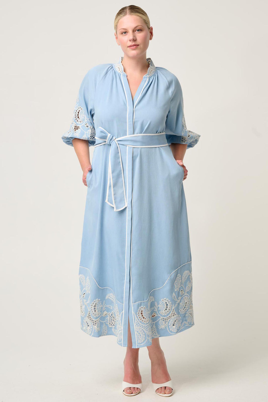 Amara Embroidered Maxi Dress in Blue Haze