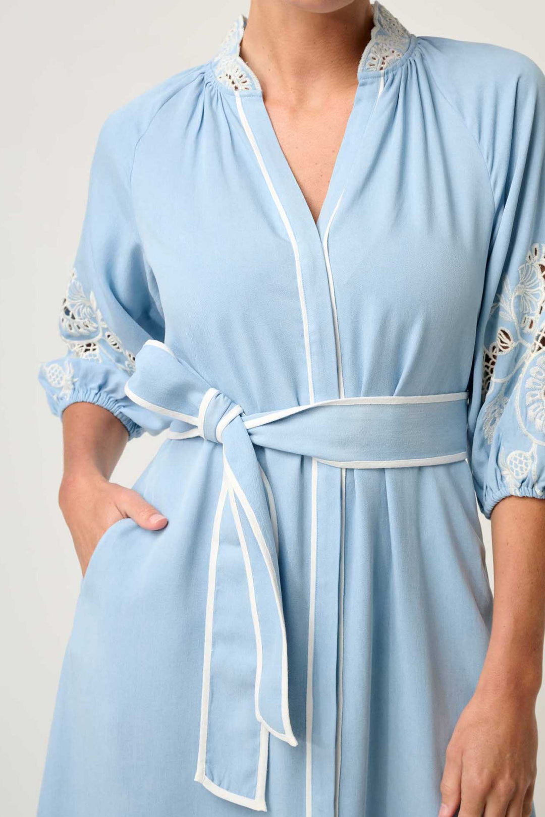 Amara Embroidered Maxi Dress in Blue Haze