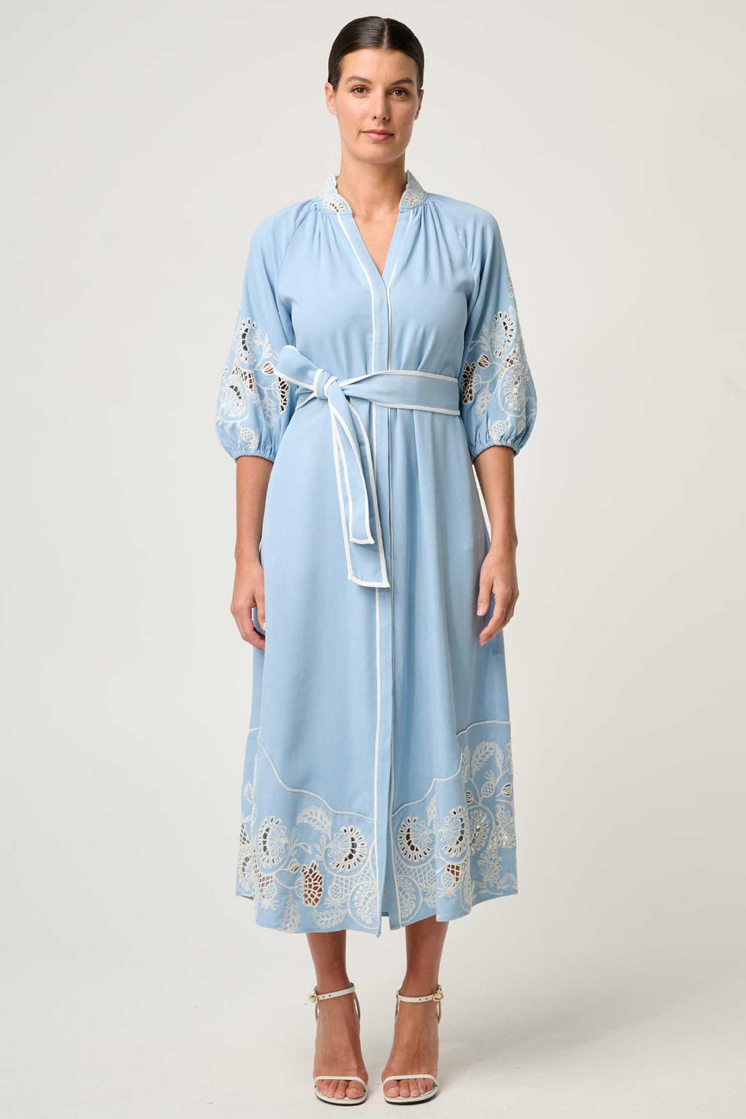 Amara Embroidered Maxi Dress in Blue Haze