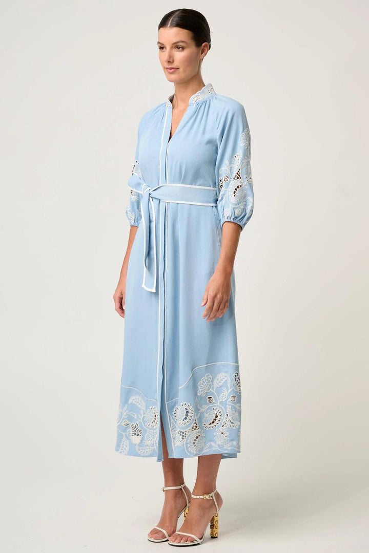 Amara Embroidered Maxi Dress in Blue Haze