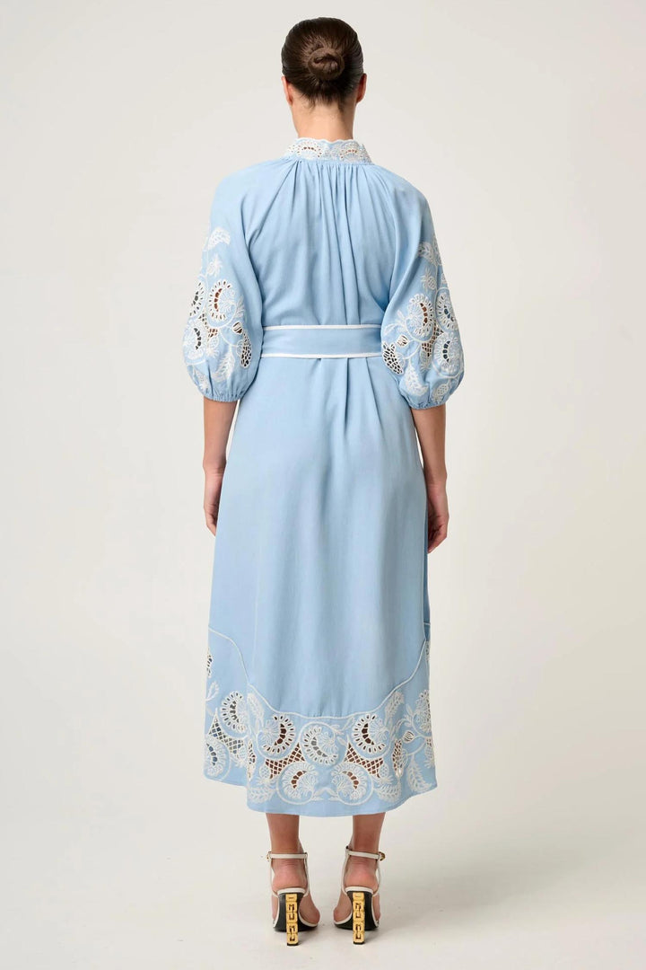 Amara Embroidered Maxi Dress in Blue Haze