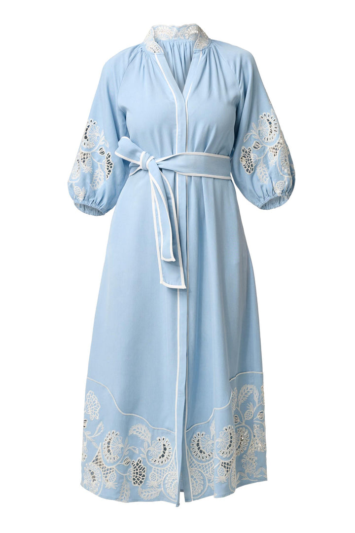 Amara Embroidered Maxi Dress in Blue Haze
