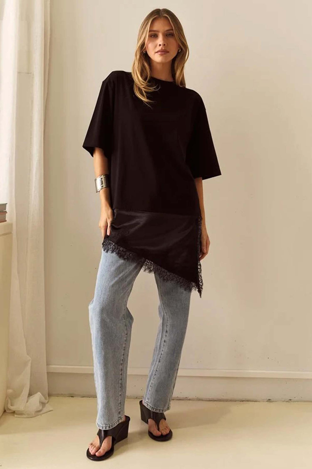 Arlo Jersey Lace Tee in Black