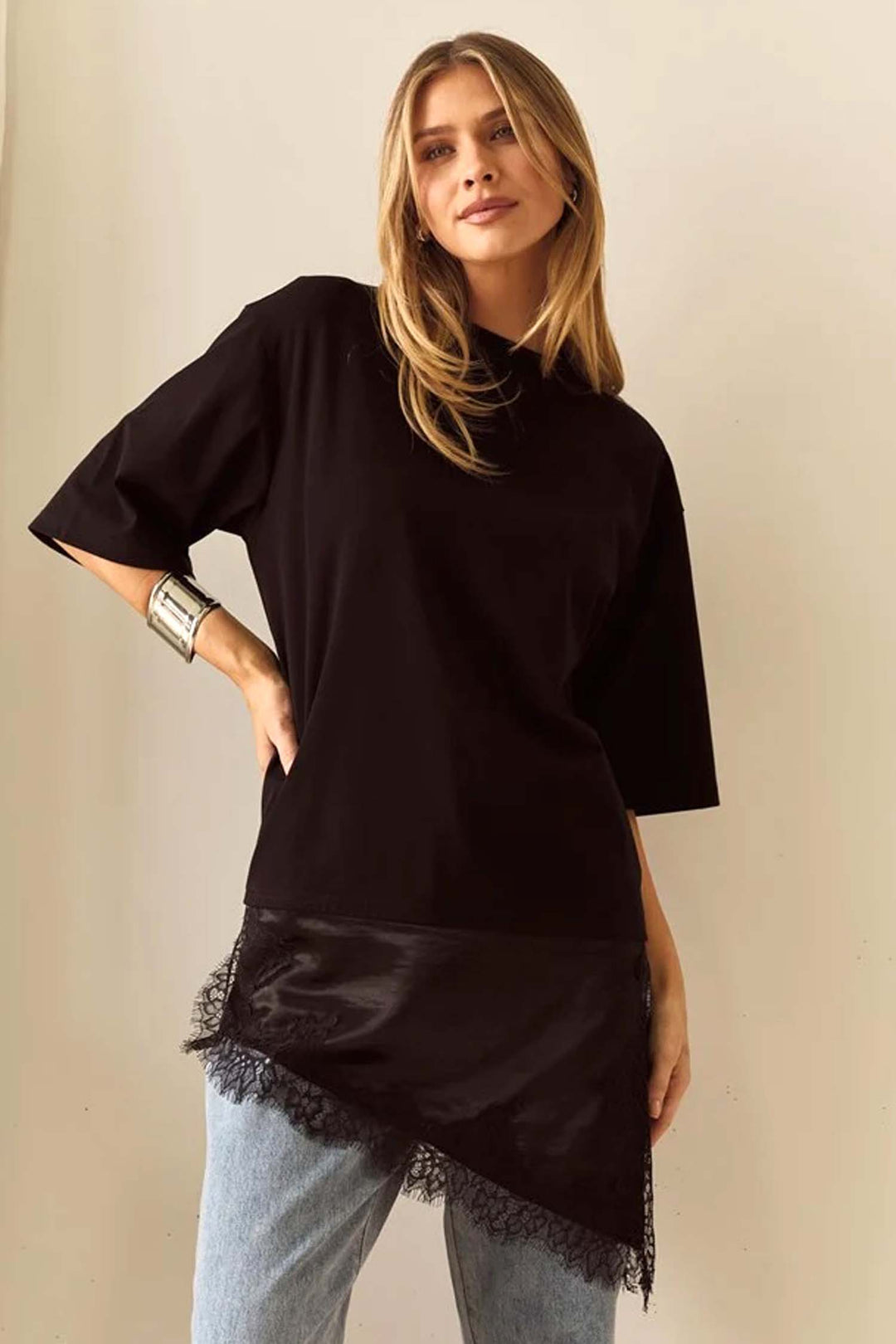 Arlo Jersey Lace Tee in Black