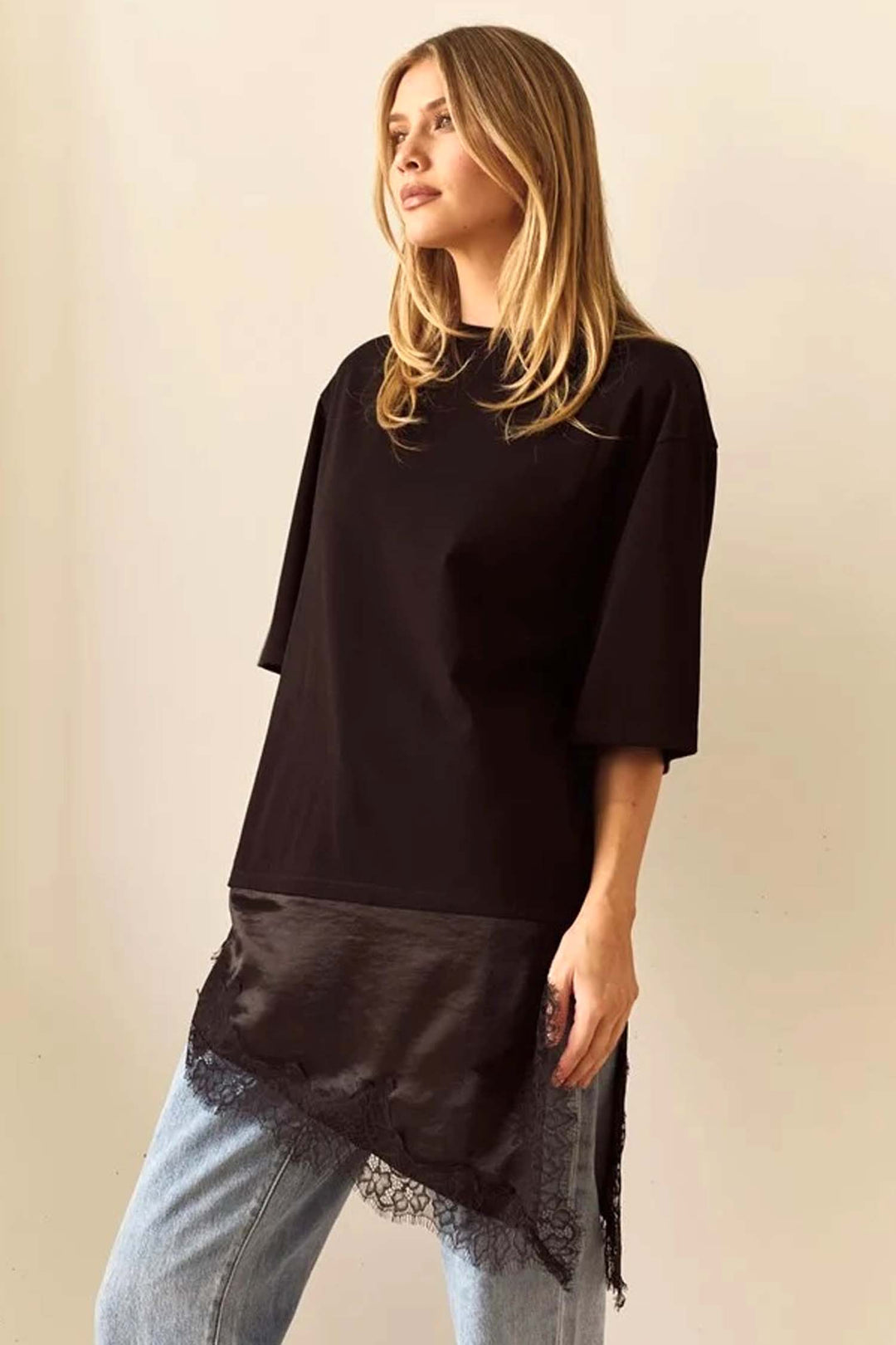 Arlo Jersey Lace Tee in Black