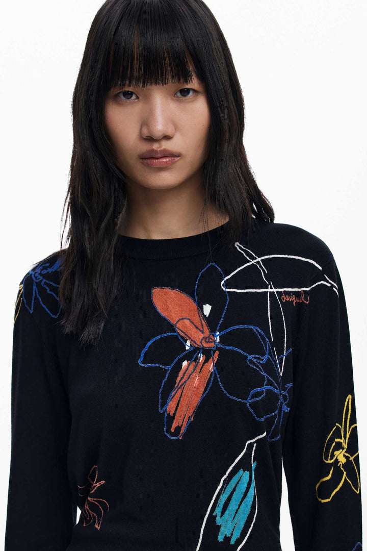 Arty Sweater w Floral Strokes in Black