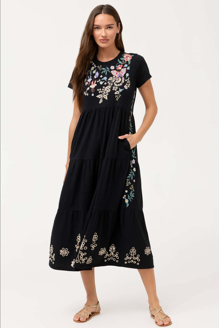 Arva Cap Sleeve Knit Eyelet Maxi Dress in Black