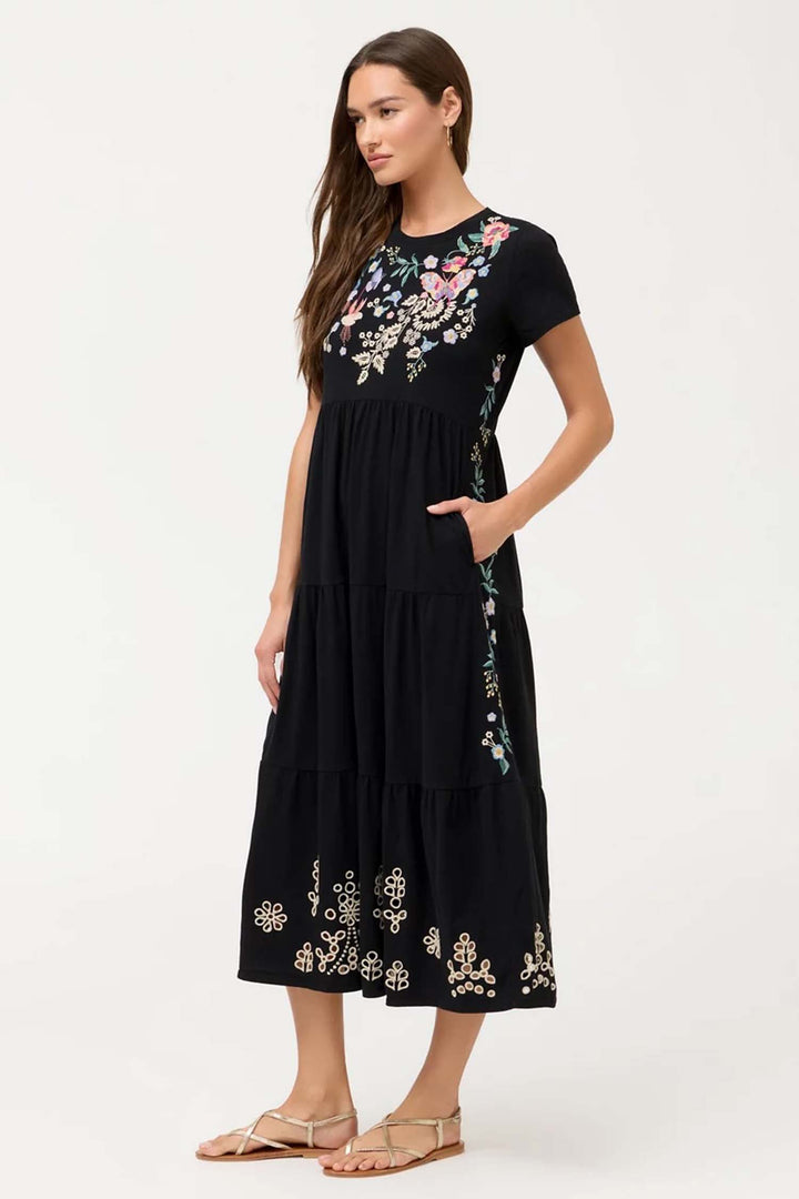 Arva Cap Sleeve Knit Eyelet Maxi Dress in Black