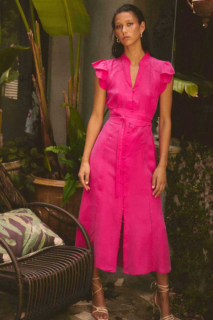 Athena Flutter Sleeve Midi Dress in Celosia Pink