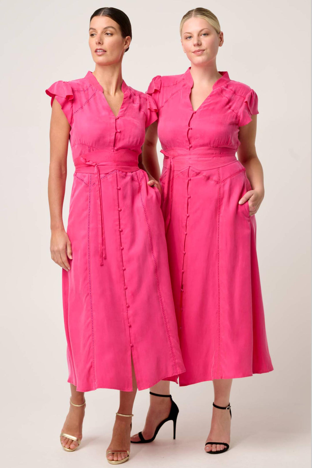 Athena Flutter Sleeve Midi Dress in Celosia Pink