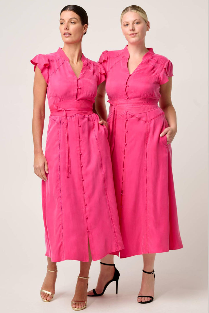 Athena Flutter Sleeve Midi Dress in Celosia Pink