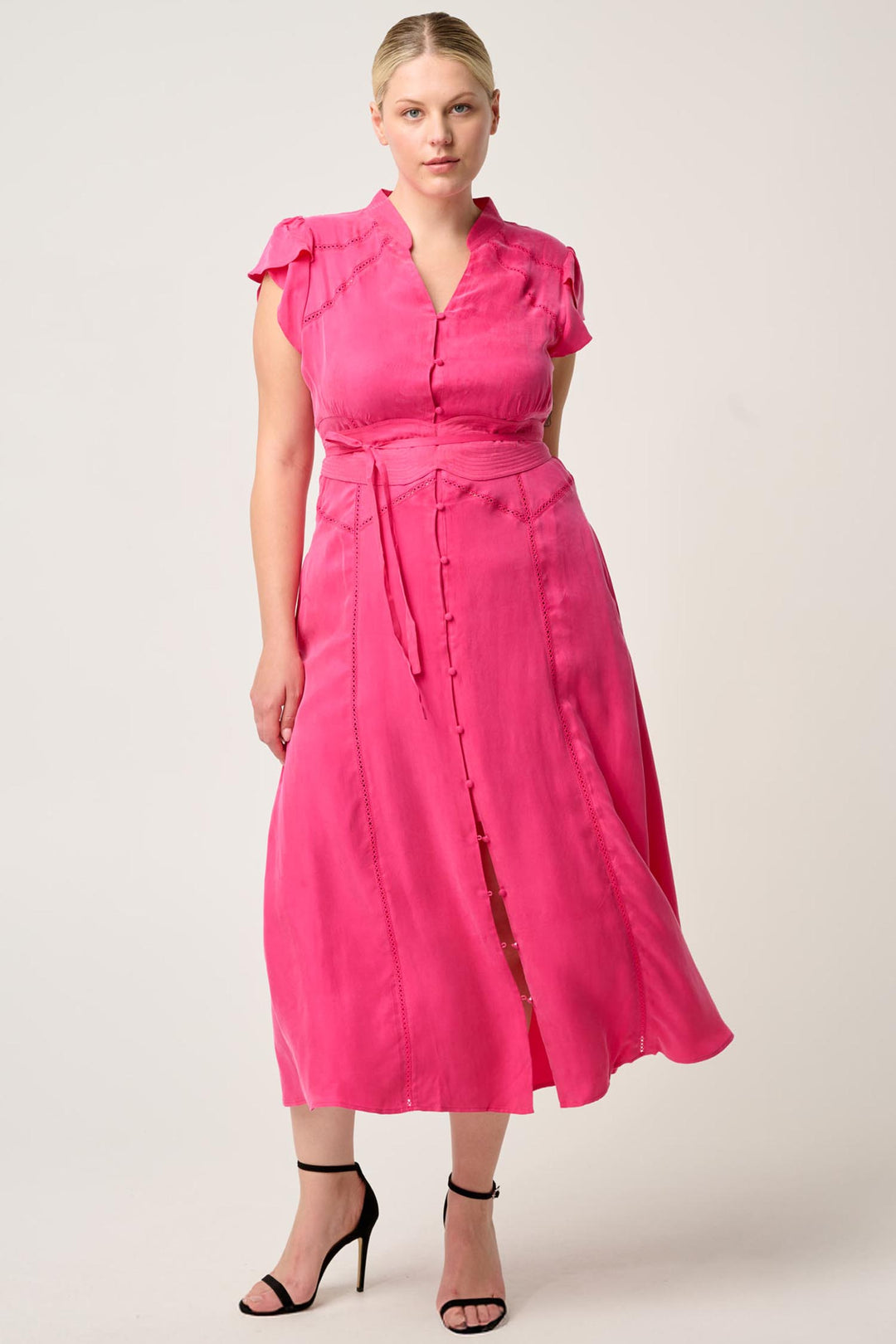 Athena Flutter Sleeve Midi Dress in Celosia Pink