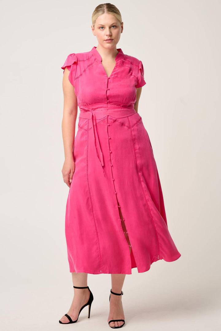 Athena Flutter Sleeve Midi Dress in Celosia Pink