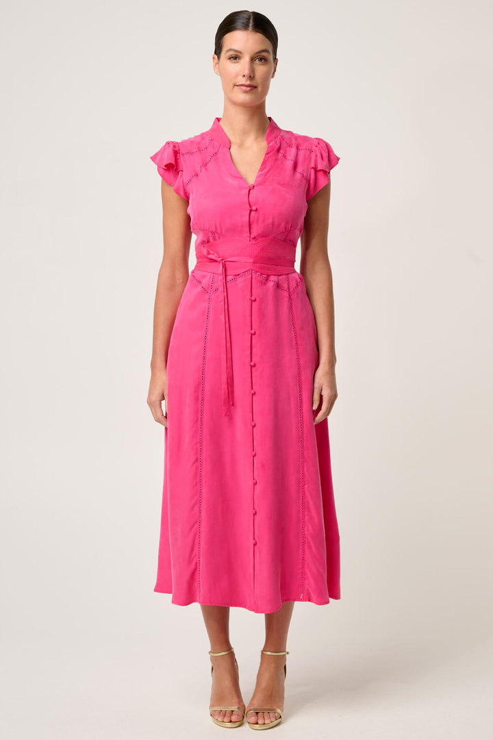 Athena Flutter Sleeve Midi Dress in Celosia Pink