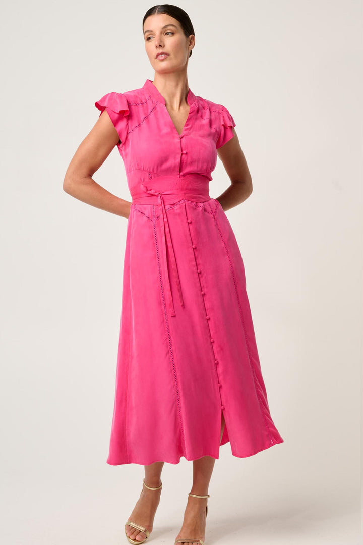 Athena Flutter Sleeve Midi Dress in Celosia Pink