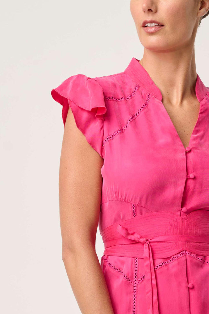 Athena Flutter Sleeve Midi Dress in Celosia Pink