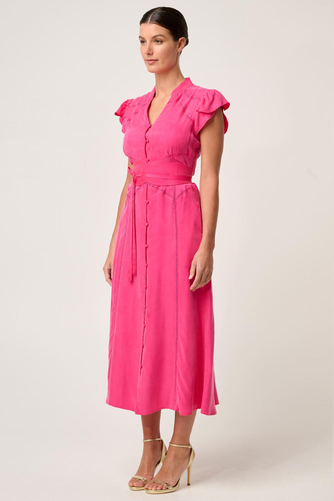 Athena Flutter Sleeve Midi Dress in Celosia Pink