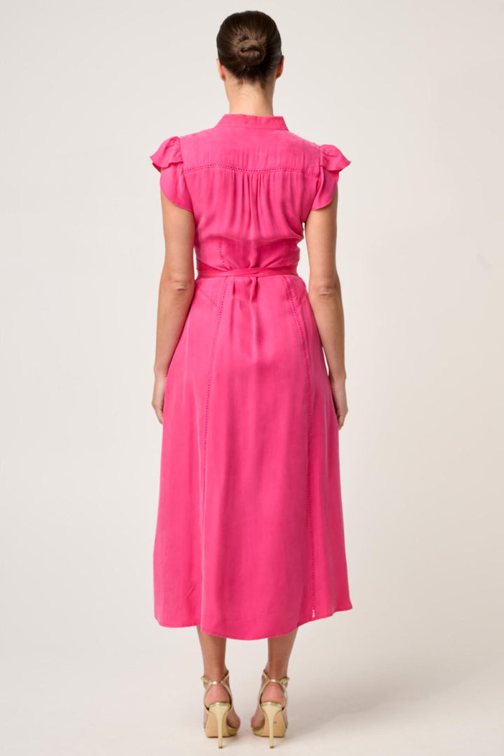 Athena Flutter Sleeve Midi Dress in Celosia Pink