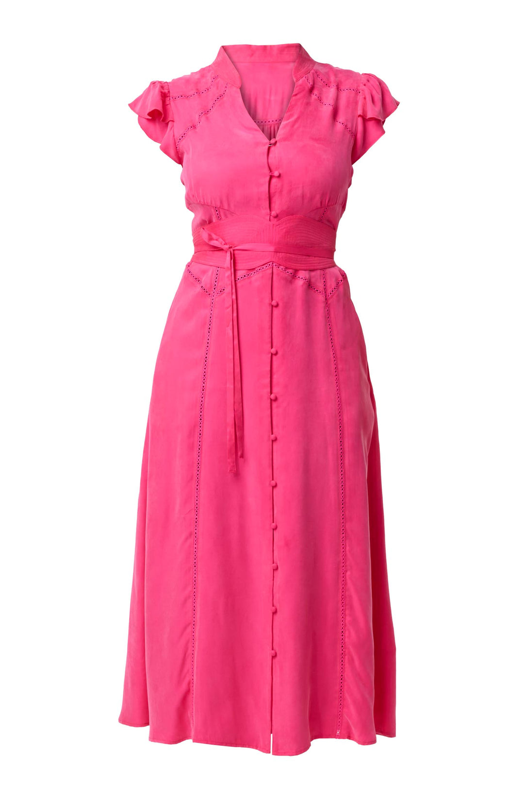 Athena Flutter Sleeve Midi Dress in Celosia Pink