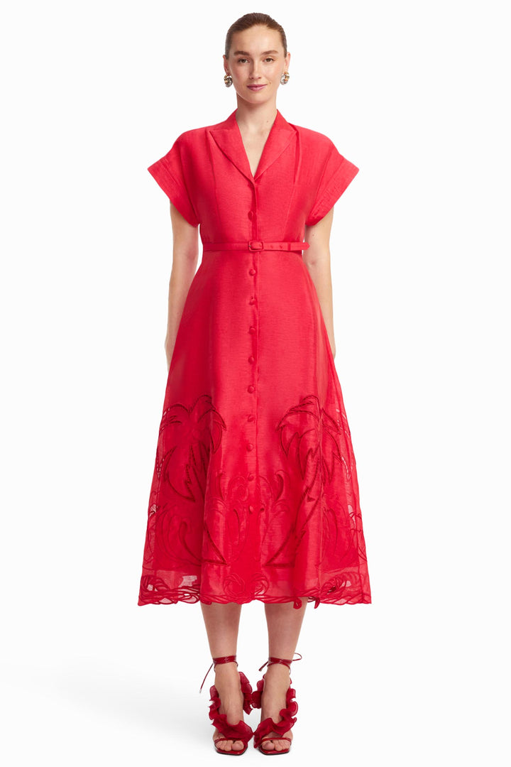 Aubrey Palm Shirt Midi Dress in Scarlet