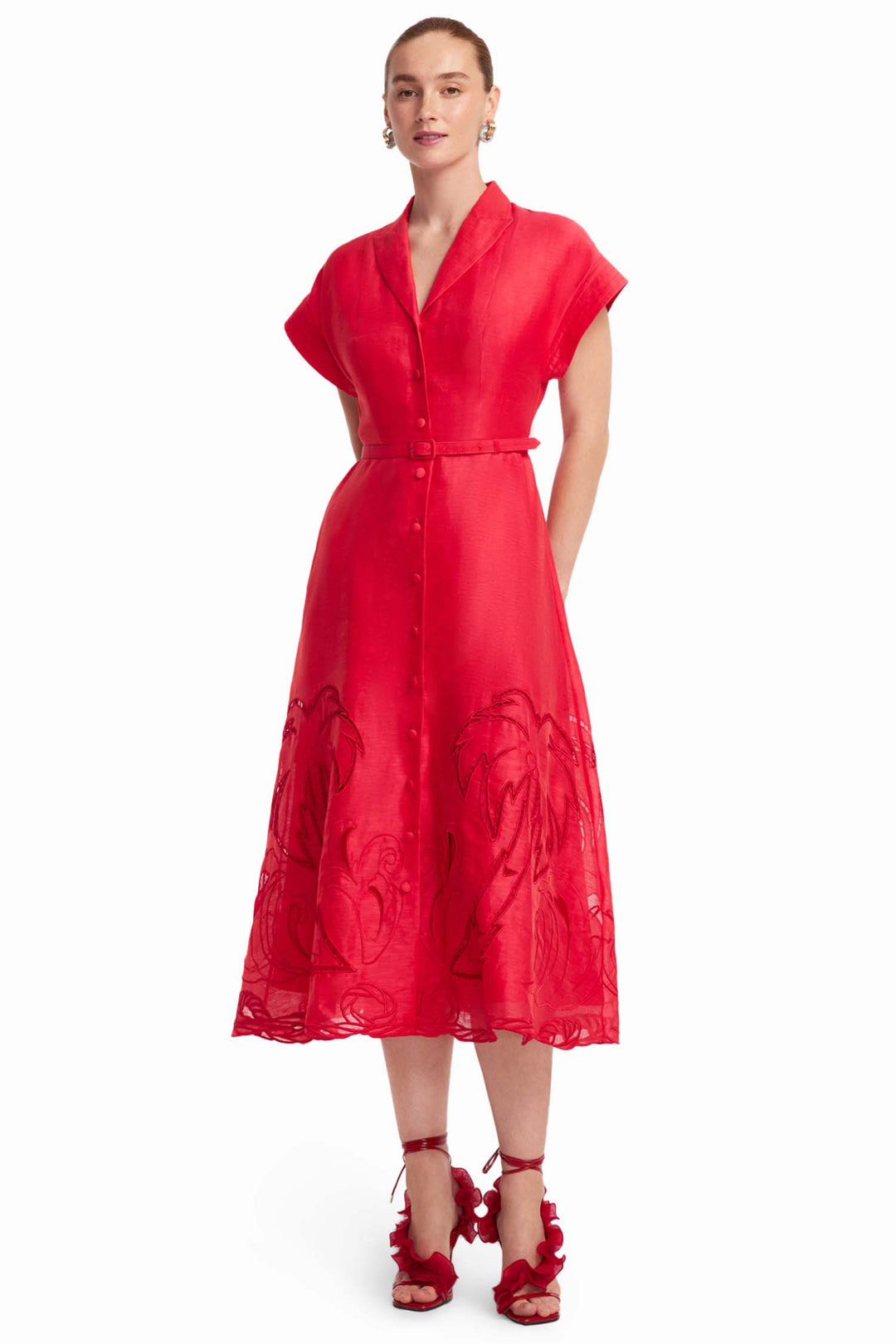 Aubrey Palm Shirt Midi Dress in Scarlet