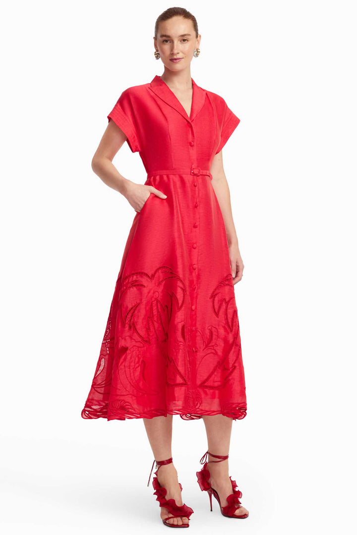Aubrey Palm Shirt Midi Dress in Scarlet