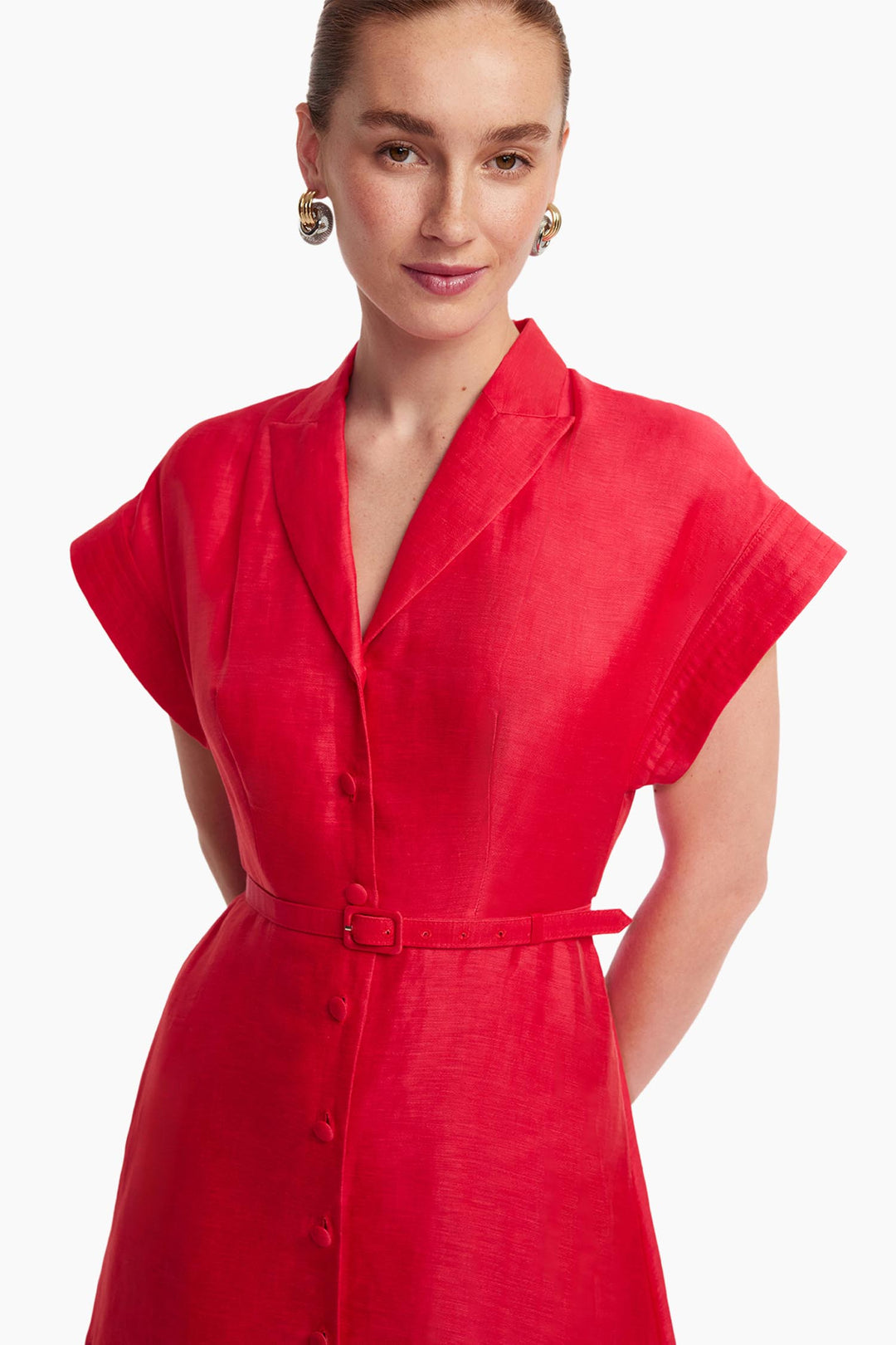Aubrey Palm Shirt Midi Dress in Scarlet