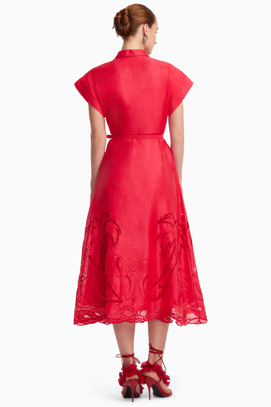 Aubrey Palm Shirt Midi Dress in Scarlet