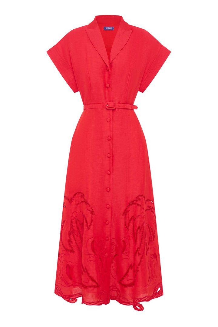 Aubrey Palm Shirt Midi Dress in Scarlet