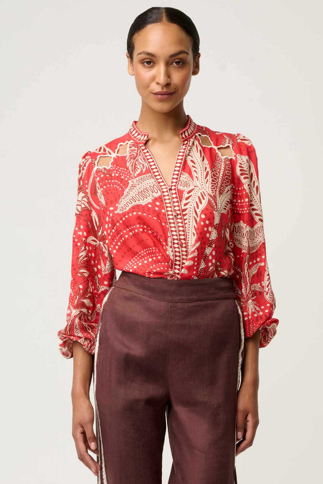 Audrey Embroidered Blouse in Crimson Palms