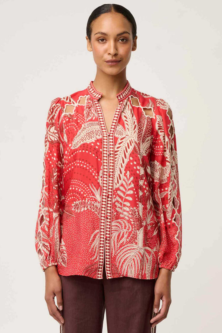 Audrey Embroidered Blouse in Crimson Palms
