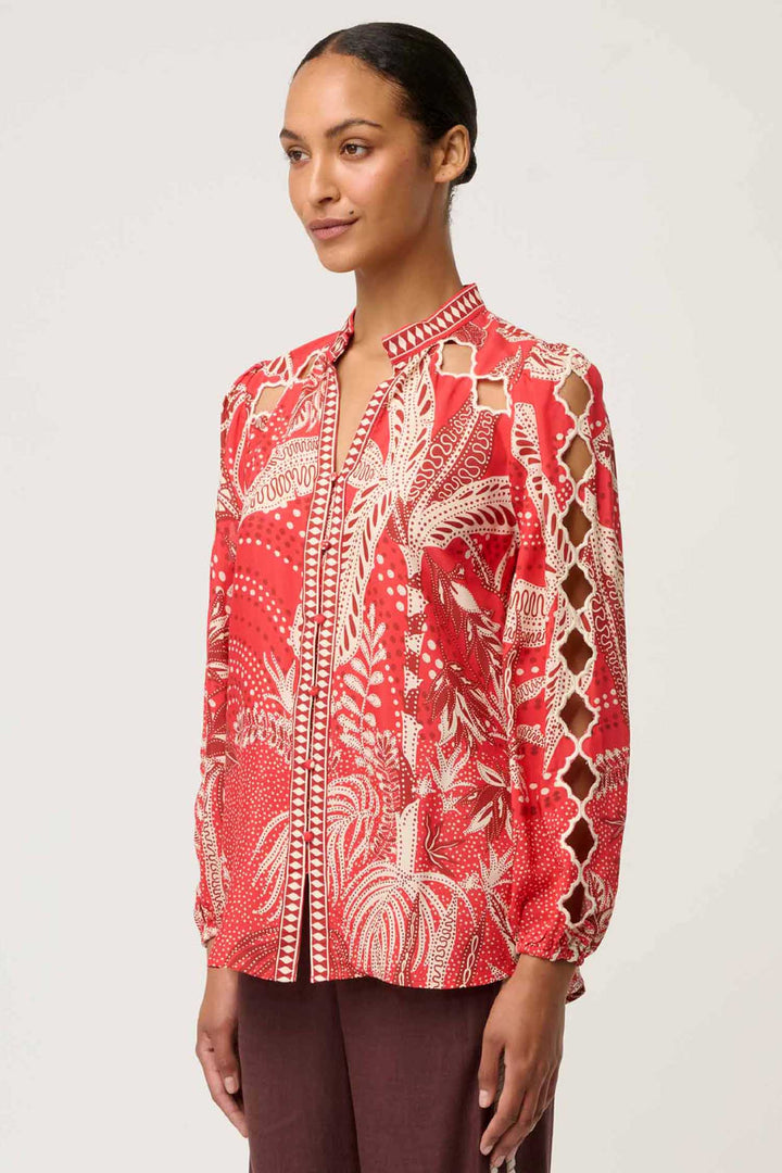 Audrey Embroidered Blouse in Crimson Palms