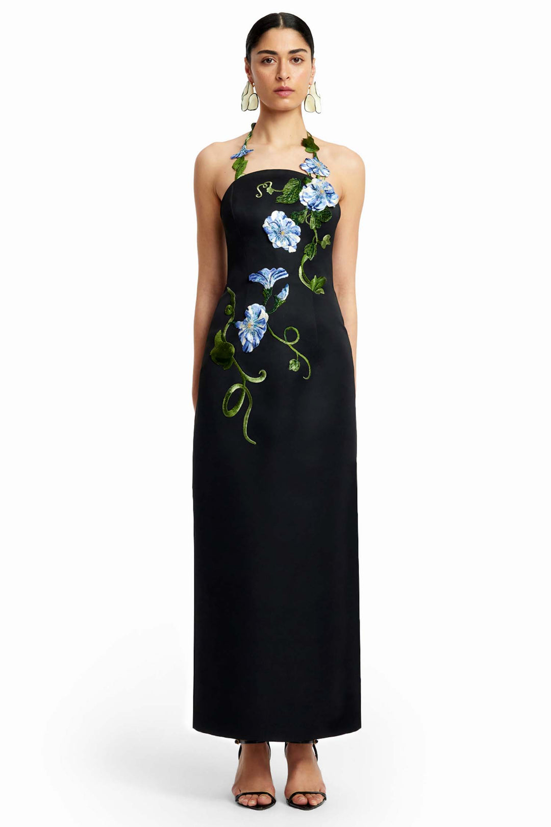 Ava Halterneck Applique Floral Maxi Dress in Ebony Vine Print