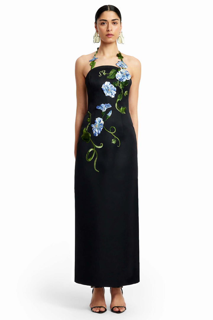Ava Halterneck Applique Floral Maxi Dress in Ebony Vine Print