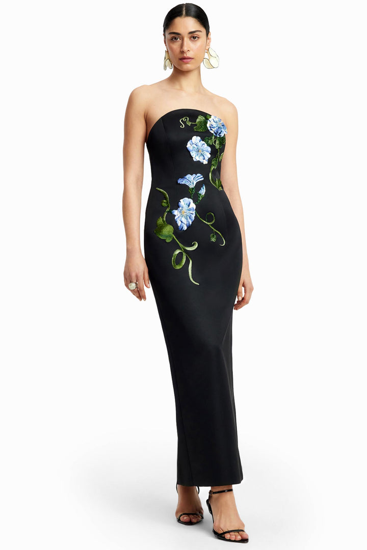 Ava Halterneck Applique Floral Maxi Dress in Ebony Vine Print