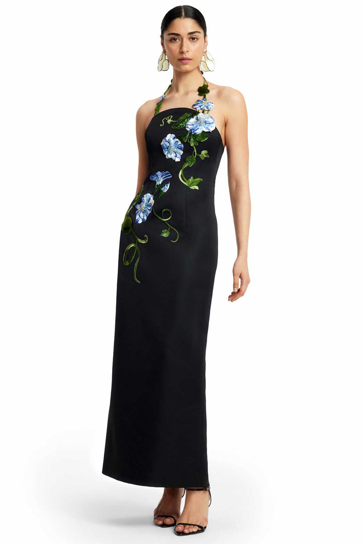 Ava Halterneck Applique Floral Maxi Dress in Ebony Vine Print