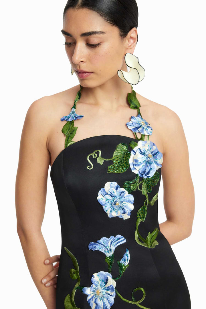 Ava Halterneck Applique Floral Maxi Dress in Ebony Vine Print