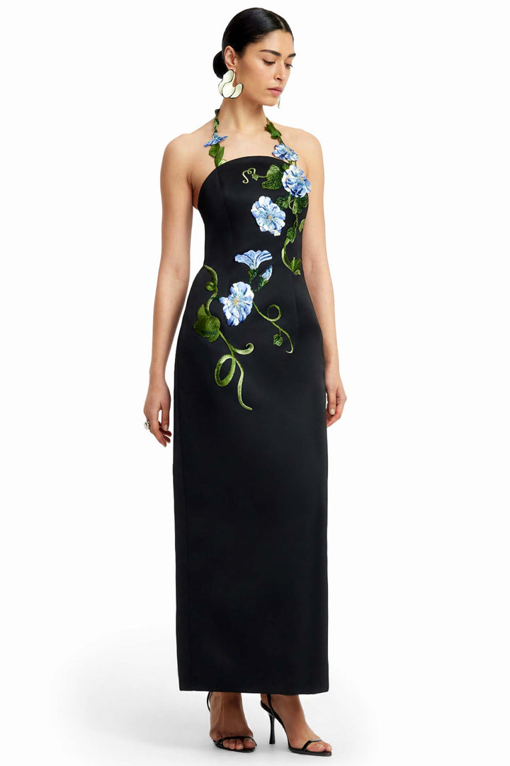 Ava Halterneck Applique Floral Maxi Dress in Ebony Vine Print