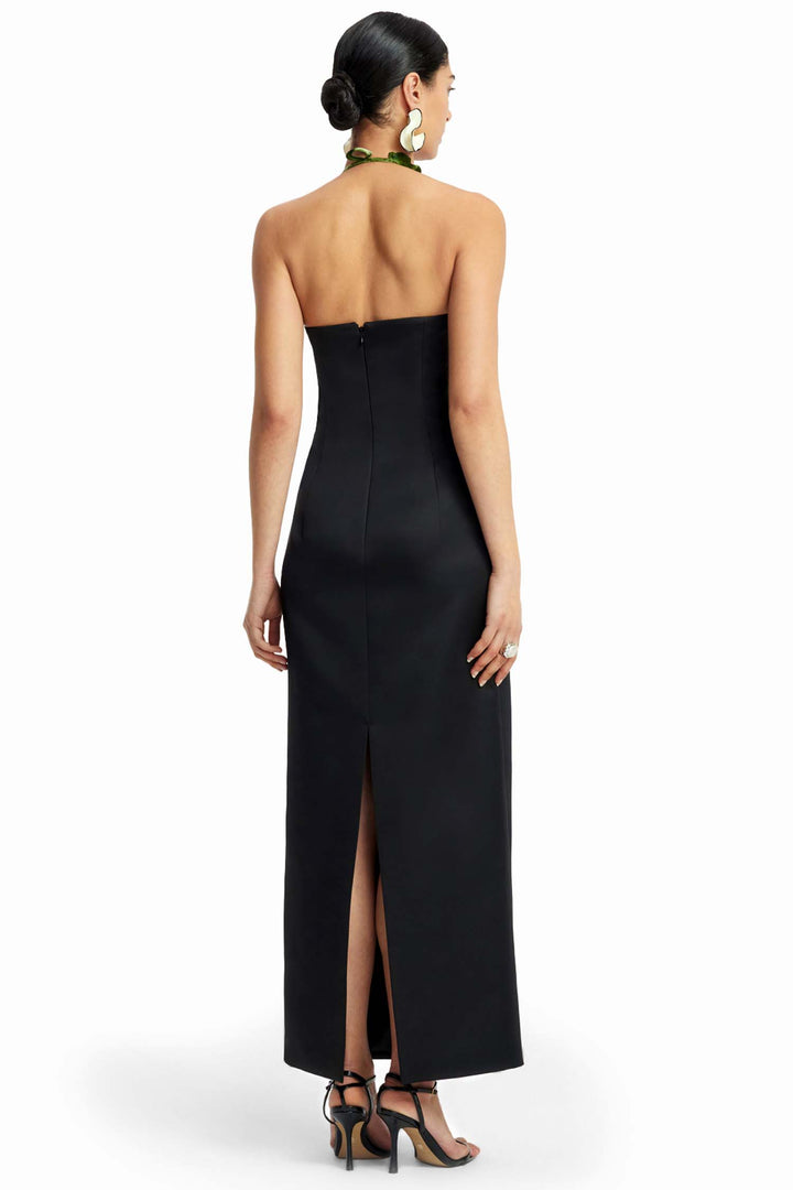 Ava Halterneck Applique Floral Maxi Dress in Ebony Vine Print