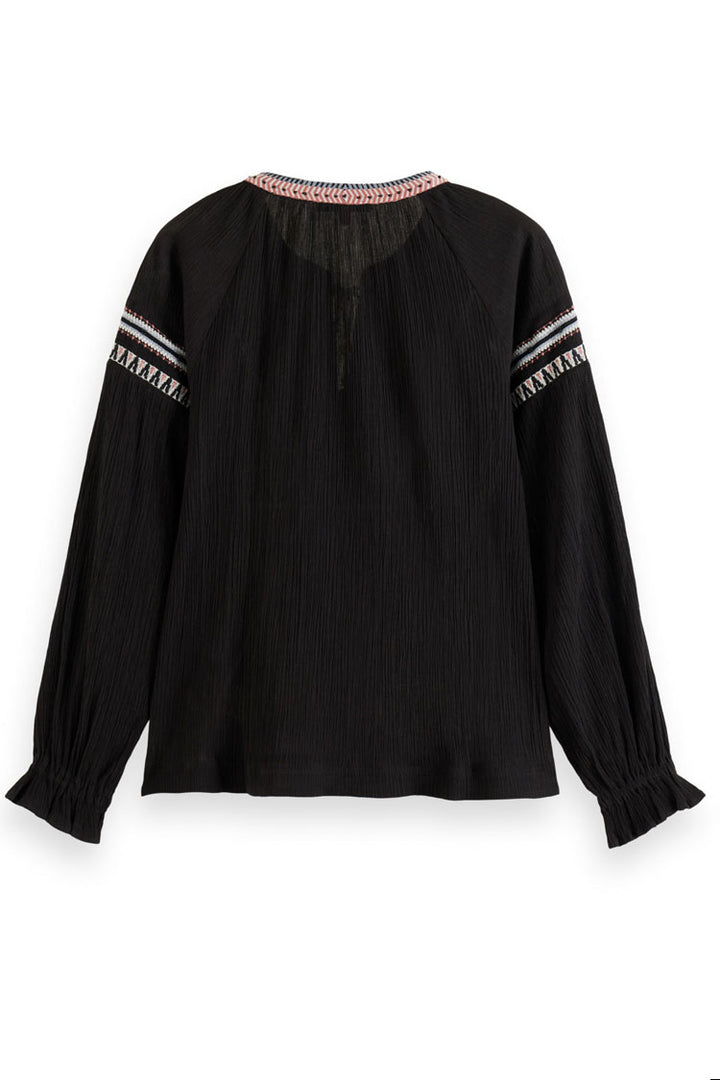 Balloon Sleeve Embroidery Blouse in Evening Black