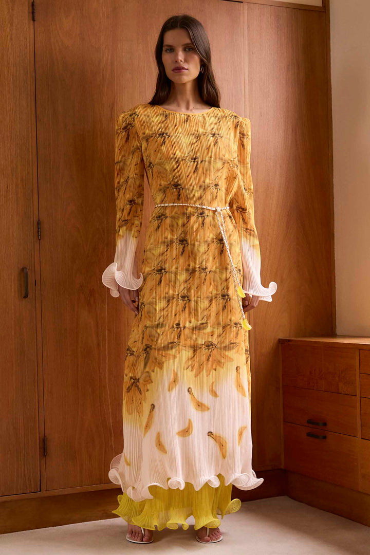 Bathers Flutted Pleat Maxi Dress in Banana
